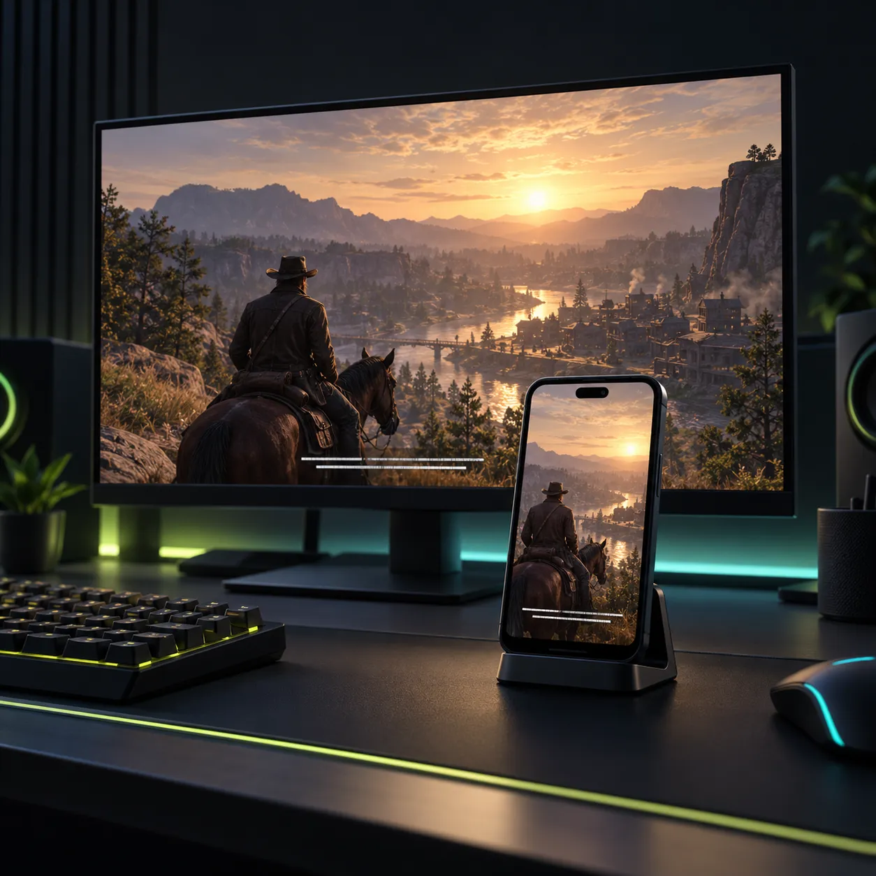 Un iPhone sobre un soporte frente a un monitor de juegos, con su cámara trasera apuntando a los subtítulos.